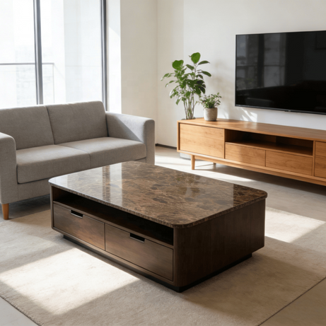 Table Basse Moderne en Marbre Naturel avec Tiroirs – Design Luxe Salon
