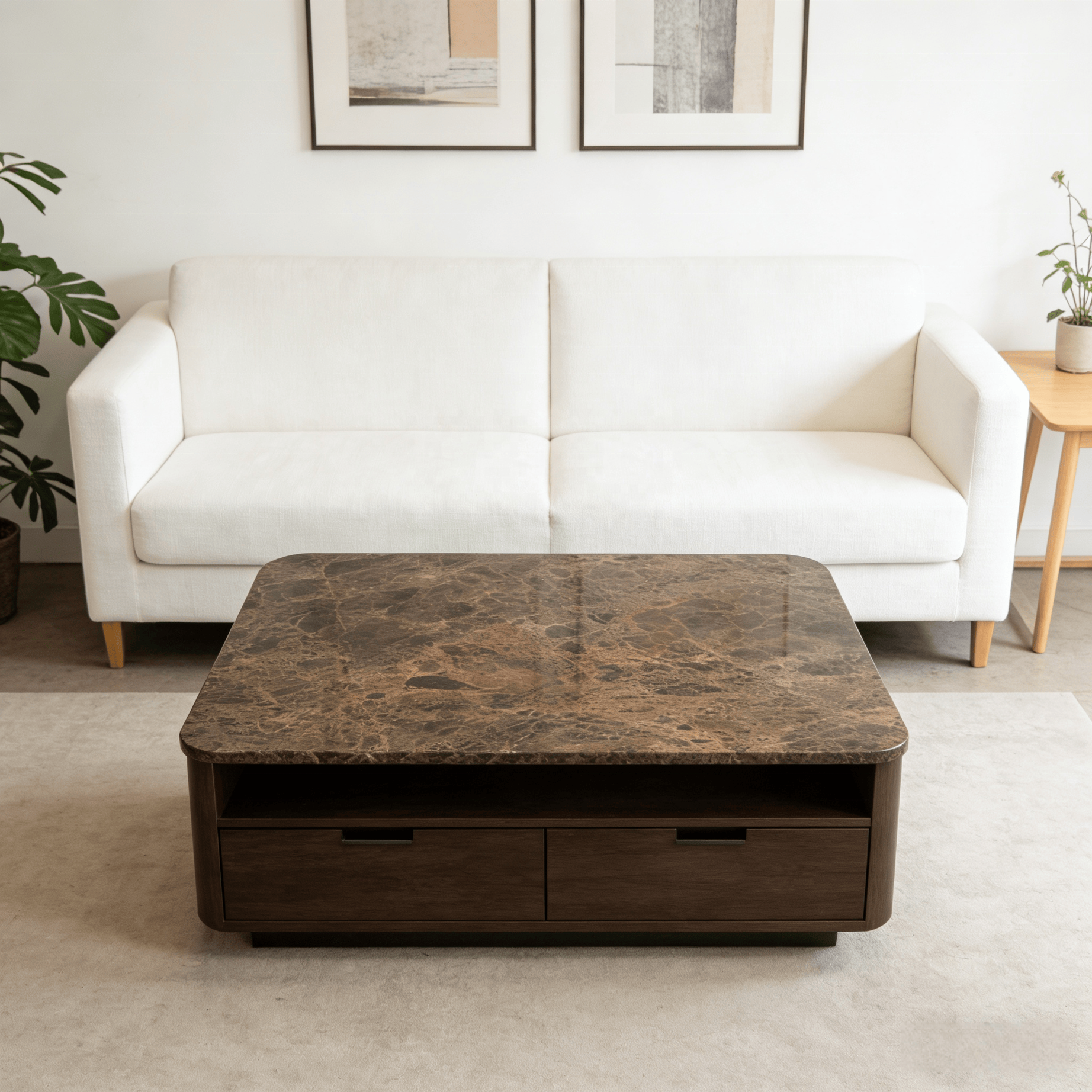 Table Basse Moderne en Marbre Naturel avec Tiroirs – Design Luxe Salon