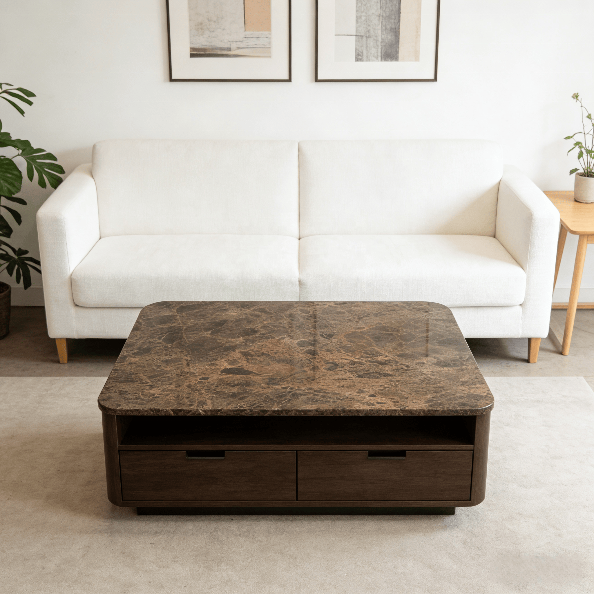 Table Basse Moderne en Marbre Naturel avec Tiroirs – Design Luxe Salon