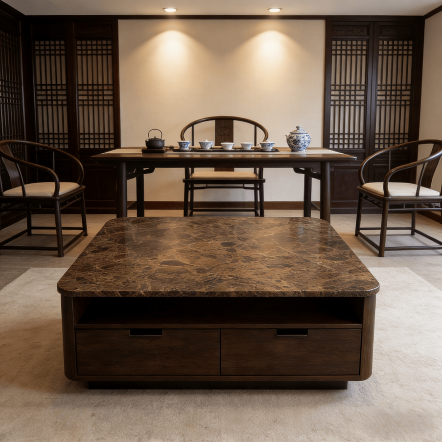 Table Basse Moderne en Marbre Naturel avec Tiroirs – Design Luxe Salon