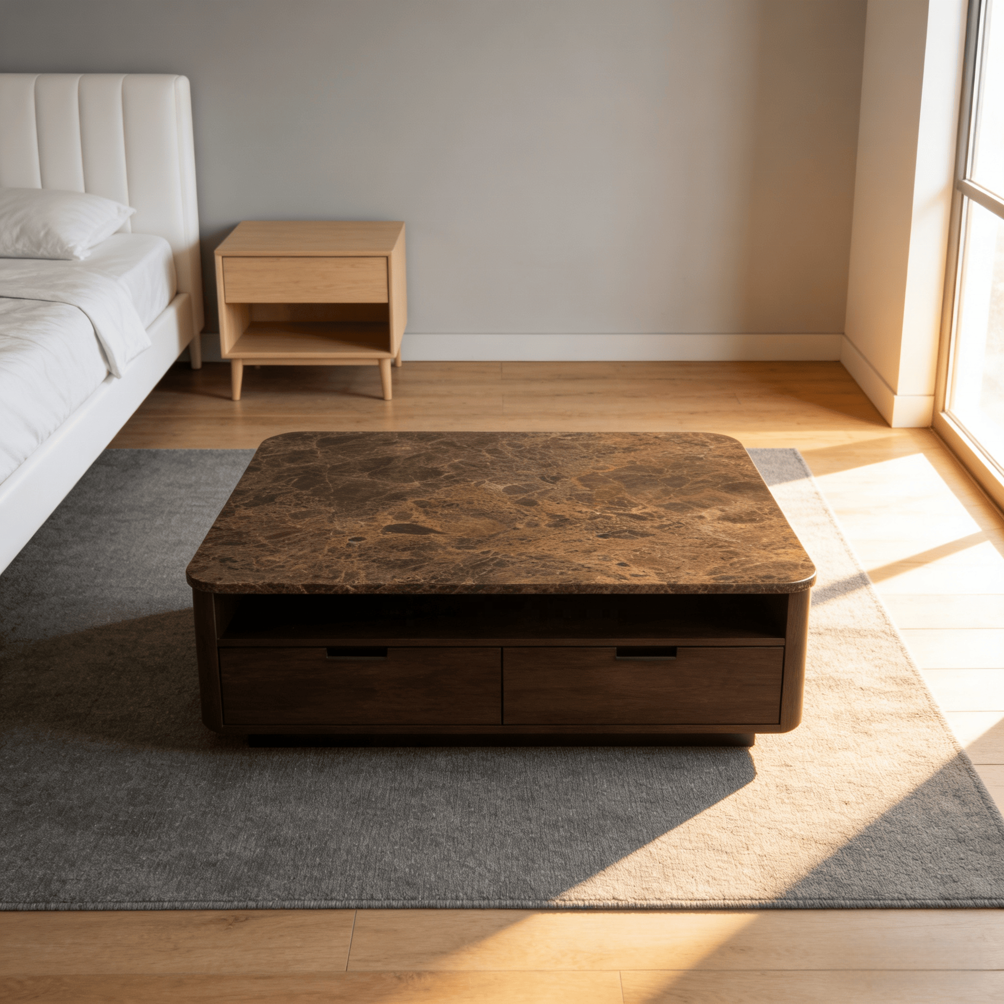 Table Basse Moderne en Marbre Naturel avec Tiroirs – Design Luxe Salon